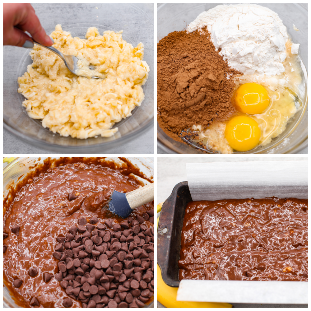 Chocolate banana bread is a sweet and decadent banana bread made for chocolate lovers! Extra moist from the ripe bananas, and loaded with rich chocolate flavors from the cocoa powder and chocolate chips. First photo of mashed bananas in a bowl. Second photo of cocoa powder, flour, eggs, and oil added to the bowl. Third photo of chocolate chips being folded into the batter. Fourth photo of the batter inside the loaf pan.