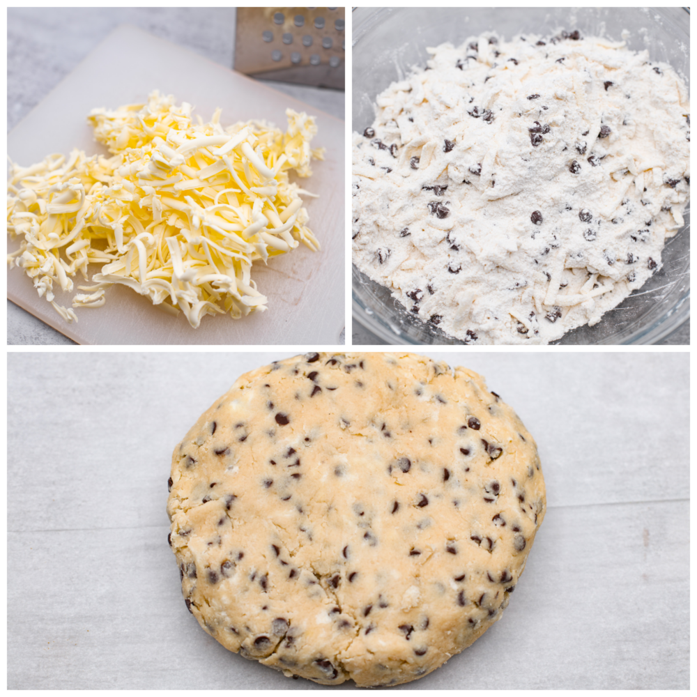 Chocolate chip scones are downright delicious. Theyโre buttery and soft, with pockets of chocolate chips for a melty surprise in each bite. These homemade scones are great for an on-the-go breakfast or an afternoon snack when youโre craving something sweet! 3-photo collage of dough being prepared.