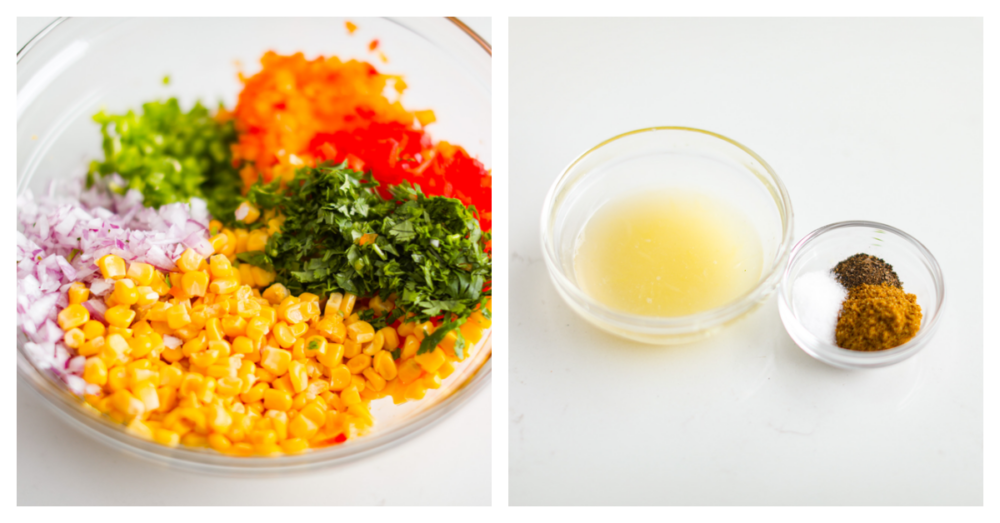 Experience the ultimate freshness and flavor with this easy Corn Salsa recipe. Packed with fresh ingredients like red onion, jalapeรฑo, and lime juice, it's the perfect blend of flavors for a refreshing summer appetizer. 2 pictures showing all of the ingredients in glass bowls ready to be mixed together.