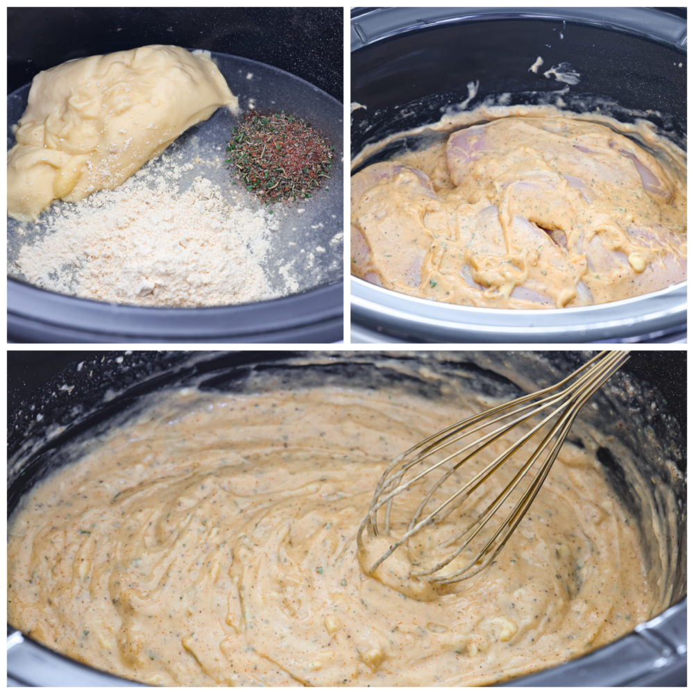 Whip up a comforting meal with this delicious Crockpot Chicken and Gravy recipe. Cooked to perfection in the slow cooker, the result is tender, juicy chicken smothered in a rich gravy, making it the perfect companion to rice or potatoes for a hearty and satisfying dinner! 3 pictures showing how to make the sauce and add it to the crockpot.