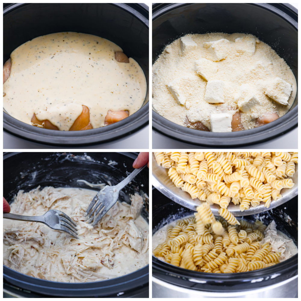 If you're looking for a knockout dinner that the whole family will love, this crockpot parmesan garlic chicken pasta is the recipe to try. It's so flavorful and satisfying, everyone will be licking their plates clean! It's easy, cheesy, and packed with mouthwatering garlic flavor. 4-photo collage of the chicken, sauce, and pasta being added to a slow cooker.
