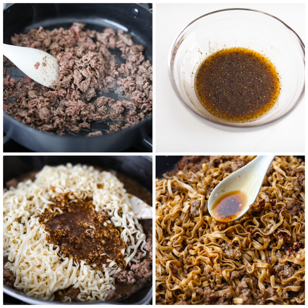 Dan Dan Noodles is a classic Chinese dish made with tender egg noodles and flavorful minced pork tossed in a savory, slightly spicy sauce. It's the perfect comfort food and will have everyone in your family wanting seconds. 4-photo collage of the ground pork being cooked, the sauce being prepared, and sauce added to the noodles.