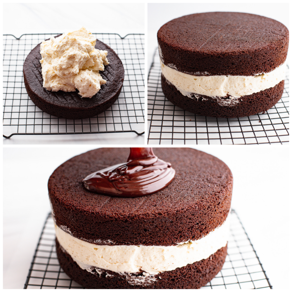 Ding Dong cake is the upgraded version of your favorite snack cakes, featuring a moist chocolate cake with a creamy ermine filling and a mouthwatering chocolate ganache on top! It's a seriously tasty dessert you won't be able to resist! 3-photo collage of the cake being assembled with the creamy filling.