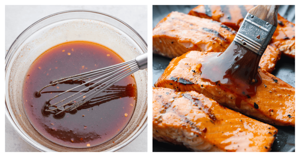 Ignite your taste buds with this incredible firecracker salmon! The fish is extra tender and flaky, coated in a delicious homemade glaze. 2-photo collage of sauce being mixed together and basted on each salmon filet.