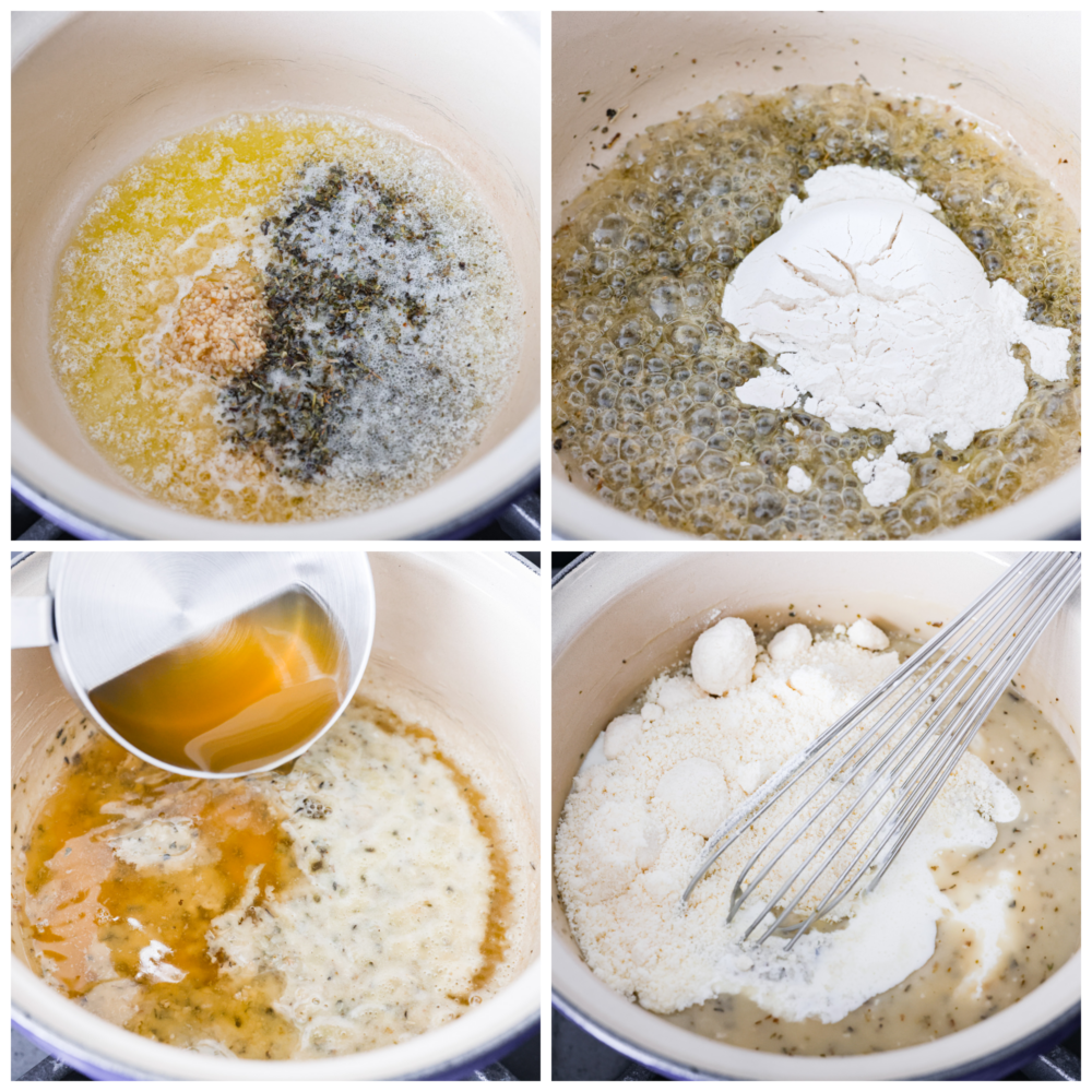 Garlic parmesan sauce is a copycat recipe from the famous Buffalo Wild Wings restaurant. This creamy garlic sauce is best known as a wing sauce, but it's perfect for pasta, on pizza, or used as a dipping sauce. First process photo of melted butter, garlic, and Italian seasoning in a saucepan. Second process photo of flour added to the saucepan. Third process photo of heavy cream and chicken broth added to the saucepan. Fourth process photo of parmesan cheese being whisked into the sauce.