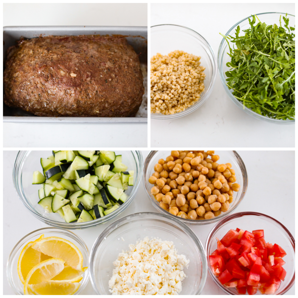 Take lunchtime up a notch with this incredible gyro bowl! It has tender gyro meat, fluffy couscous, crunchy veggies, and zesty tzatziki all in one bowl. Healthy, hearty, and totally irresistible. 3-photo collage of all the different fixings.