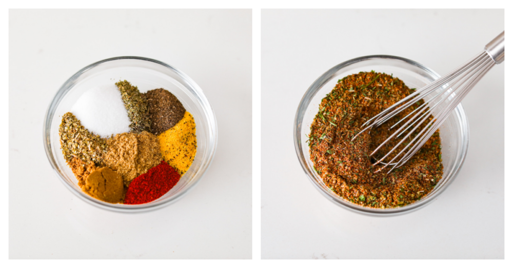Gyro seasoning is a Greek spice blend made with a delicious combination of spices and herbs. Enhance your chicken, beef, lamb, or pork with the incredible Mediterranean flavors that gyros are known for! First process photo of all of the gyro spices added to a bowl before mixing. Second photo of a whisk mixing the gyro spices together in a bowl.