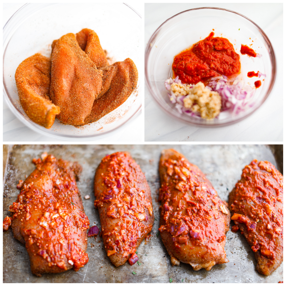 Harissa chicken is tender, juicy, and coated in a spicy, flavor-packed sauce that will leave your mouth watering. This easy and delicious North African dish is the perfect recipe to add to the dinner lineup this week! 3-photo collage of chicken being seasoned.
