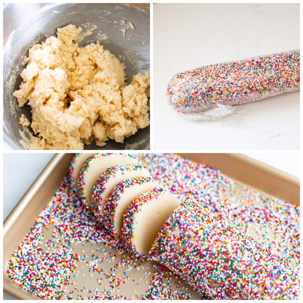 Icebox cookies are the best! They're these yummy treats made with butter, sugar, and vanilla that get even better when you chill the dough before baking. They're crispy on the outside and soft and tender on the inside. You'll be hooked after the first bite! 3-photo collage of the dough for icebox cookies being prepared and coated in sprinkles.