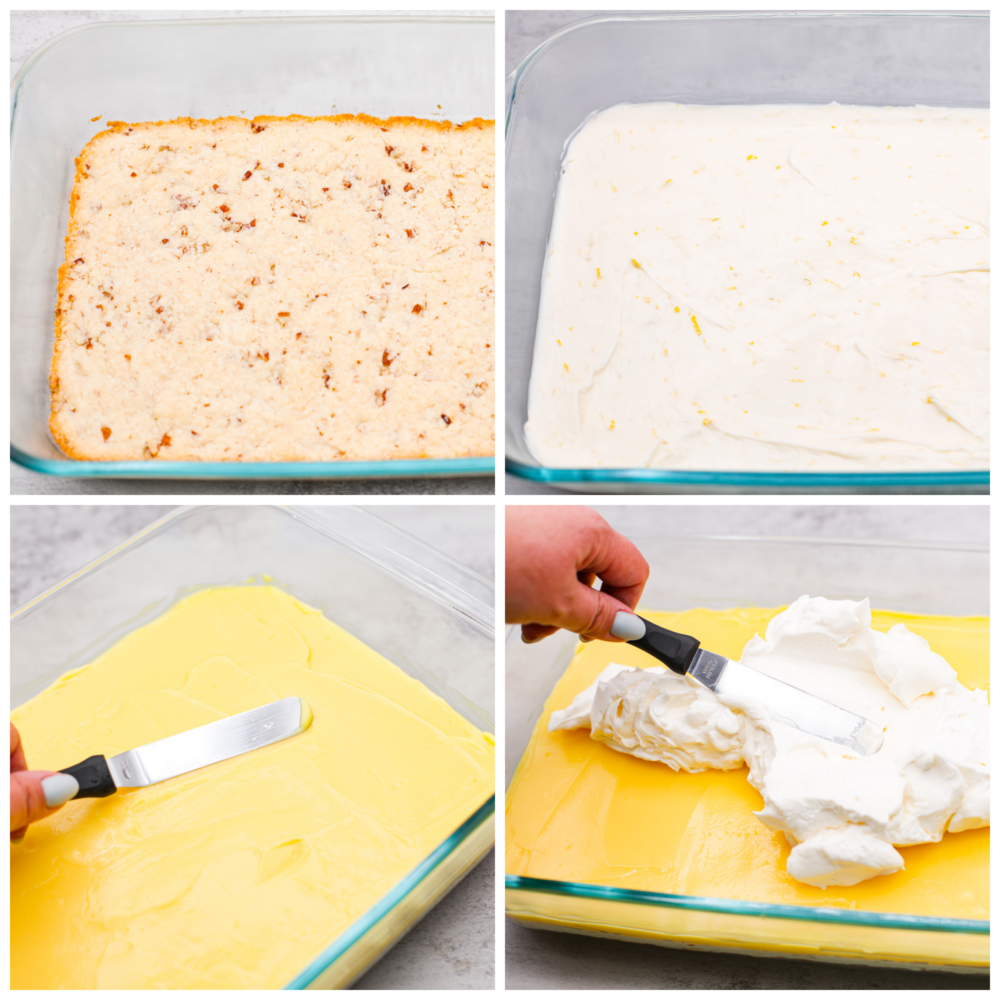 This lemon lush dessert has a delectable combination of flavors. Its buttery pecan crust serves as a delightful base, complementing the refreshing layers of creamy lemon goodness above. It's the best way to stay cool and satisfy your sweet tooth! 4-photo collage of each layer of lemon lush being prepared.
