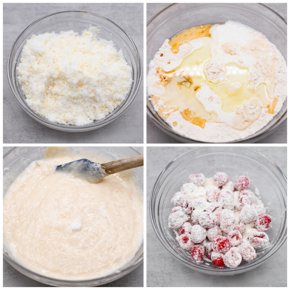 Introducing the ultimate summer dessert: lemon raspberry cake! Zesty lemon layers, juicy raspberries, and creamy lemon frosting make this a must-try dessert. It's impressive, delicious, and everyone will want a slice. 4-photo collage of cake batter being prepared.