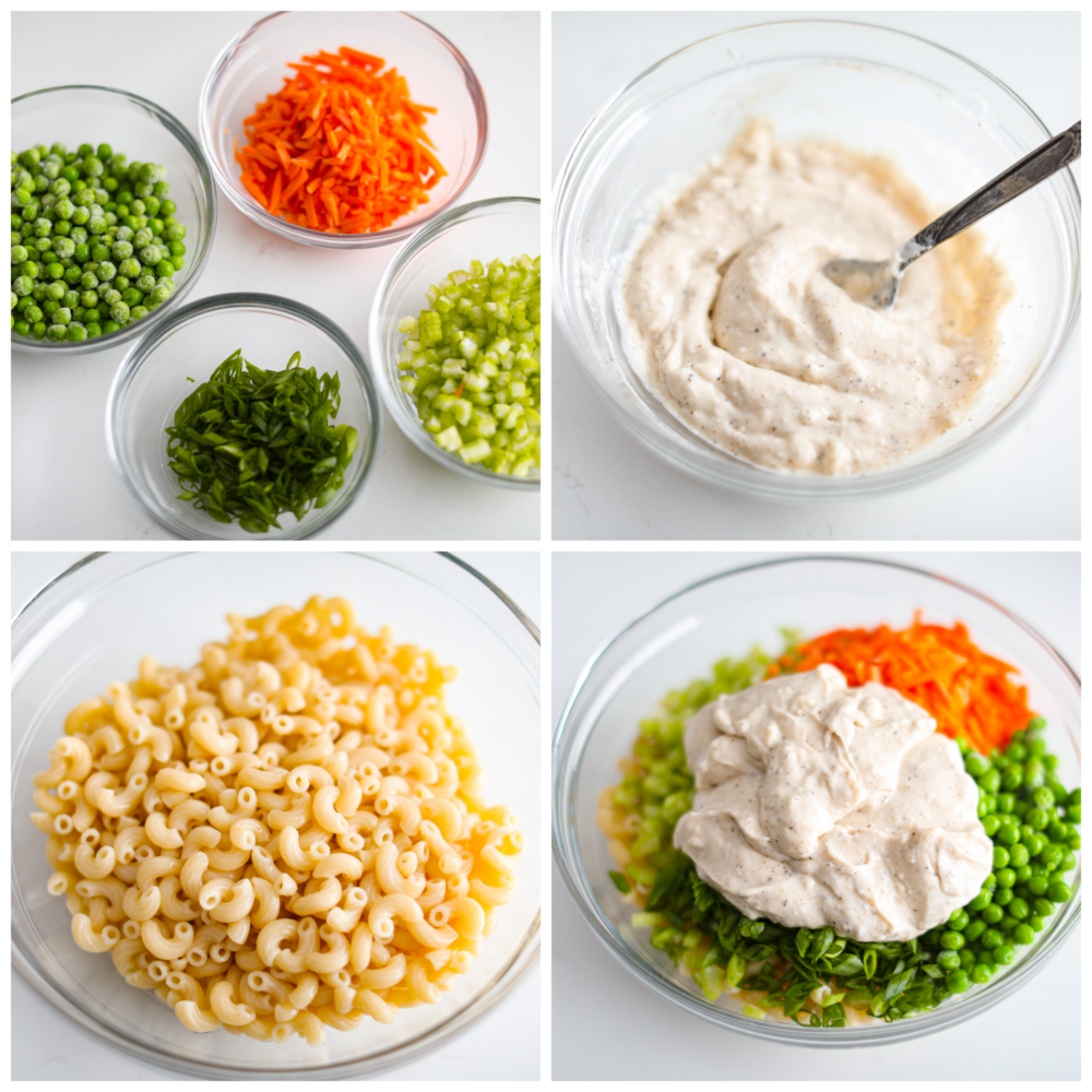 This easy macaroni salad is a potluck superstar! It's creamy and flavorful with peas, carrots, and celery added in for some extra color and crunch. Each bite is a dream! 4-photo collage of the veggies, noodles, and dressing being added to a bowl.