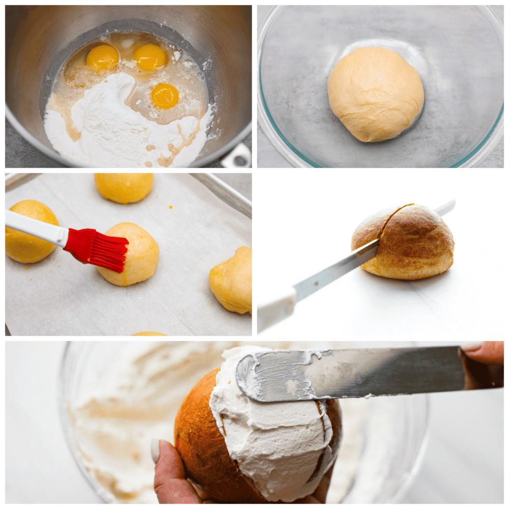 These airy, cream-filled pastries are called maritozzi and a must-make for any dessert lover. The buns have a soft, tender texture that pairs perfectly with the luscious vanilla filling! Top them off with a dusting of powdered sugar for a sweet Italian treat that everyone will love. 5-photo collage of sweet buns being prepared step-by-step.