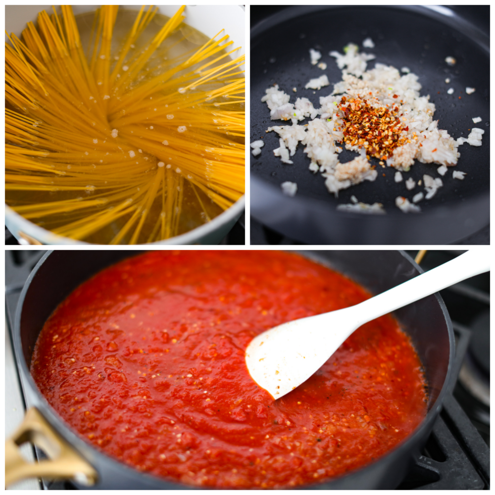 Experience the delicious taste of Italy with this easy Pasta Pomodoro recipe. Cook the pasta and make a flavorful tomato sauce with shallots, garlic, and a hint of red pepper flakes. Top it off with melted parmesan cheese and fresh basil for a mouthwatering dish that will leave you wanting more! 3 pictures showing how to make the pasta and sauce.