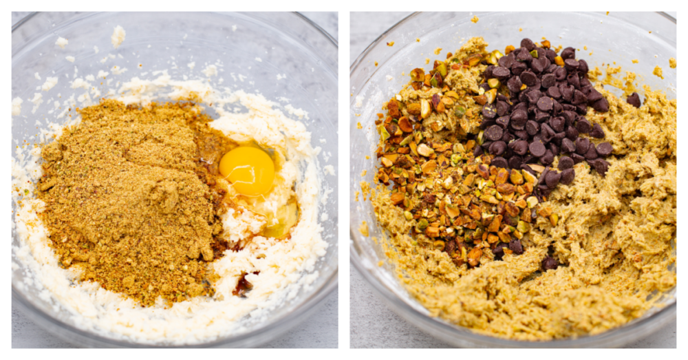 Nutty, sweet, and soft, these chocolate chip pistachio cookies are a must-try dessert! They're super easy to whip up and absolutely irresistible. 2-photo collage of cookie dough being prepared.