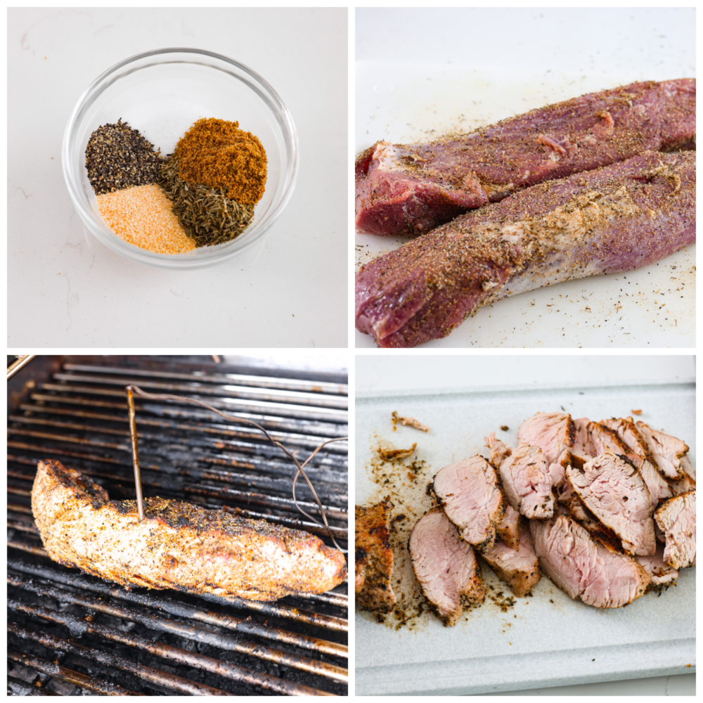 A homemade pork tenderloin sandwich is the perfect hearty lunch! 4-photo collage of the pork being seasoned and grilled.