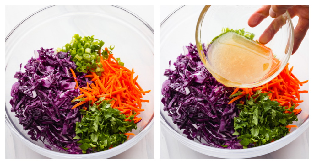 Who would've thought that red cabbage slaw could be so dang tasty? Trust me, this stuff is delicious! Finely sliced red cabbage, matchstick carrots, and herbs tossed with a killer dressing made of olive oil, lime juice, honey, and garlic. It’s the perfect way to jazz up any dish. 2-photo collage of dressing being poured over vegetables.