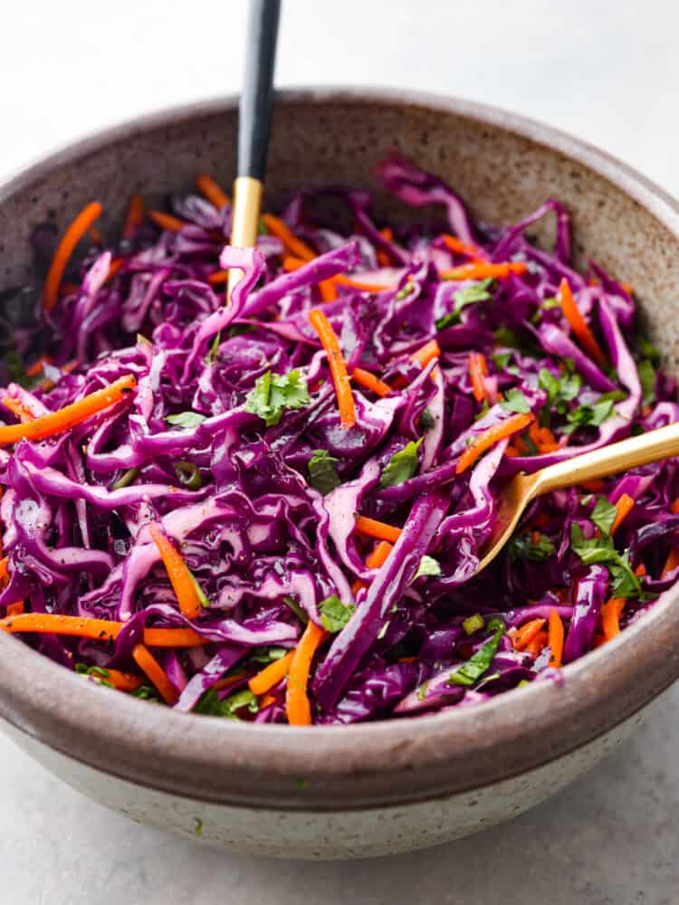 Who would've thought that red cabbage slaw could be so dang tasty? Trust me, this stuff is delicious! Finely sliced red cabbage, matchstick carrots, and herbs tossed with a killer dressing made of olive oil, lime juice, honey, and garlic. It’s the perfect way to jazz up any dish. Hero image of red cabbage slaw.