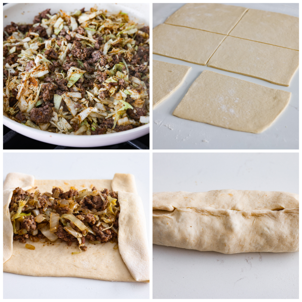 Runza is a tasty, handheld pastry stuffed with a scrumptious mix of ground beef, onions, garlic, cabbage, and spices, all snug inside soft pizza dough. 4-photo collage of pastries being assembled.