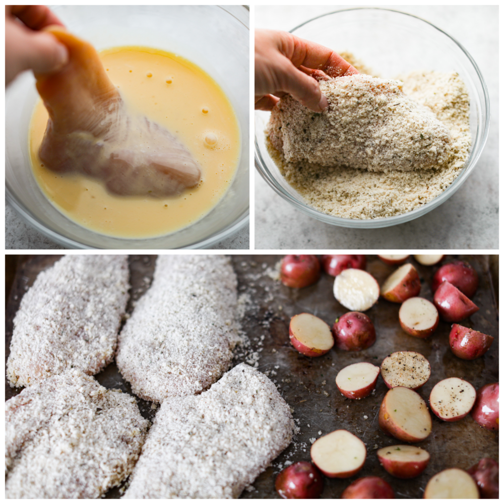 Sheet Pan Crispy Parmesan Garlic Chicken is such an easy meal with crispy breaded chicken with potatoes and asparagus. It's easy to make, easy to clean up, and is the perfect meal for any occasion! A collage of 3 pictures showing how to dredge the chicken in eggs and breadcrumbs and add it to a sheet pan with raw, seasoned potatoes.