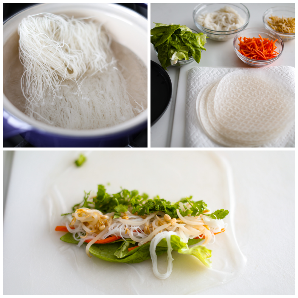 If you're wanting a light and delicious snack, look no further than these Vietnamese summer rolls! They're packed with fresh, crisp veggies and perfect for dipping in your favorite sauces. 3-photo collage of the noodles being cooked and fillings being prepared.