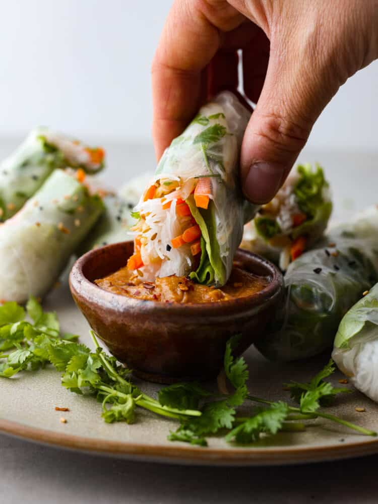If you're wanting a light and delicious snack, look no further than these Vietnamese summer rolls! They're packed with fresh, crisp veggies and perfect for dipping in your favorite sauces. Dipping a Vietnamese summer roll into peanut sauce.
