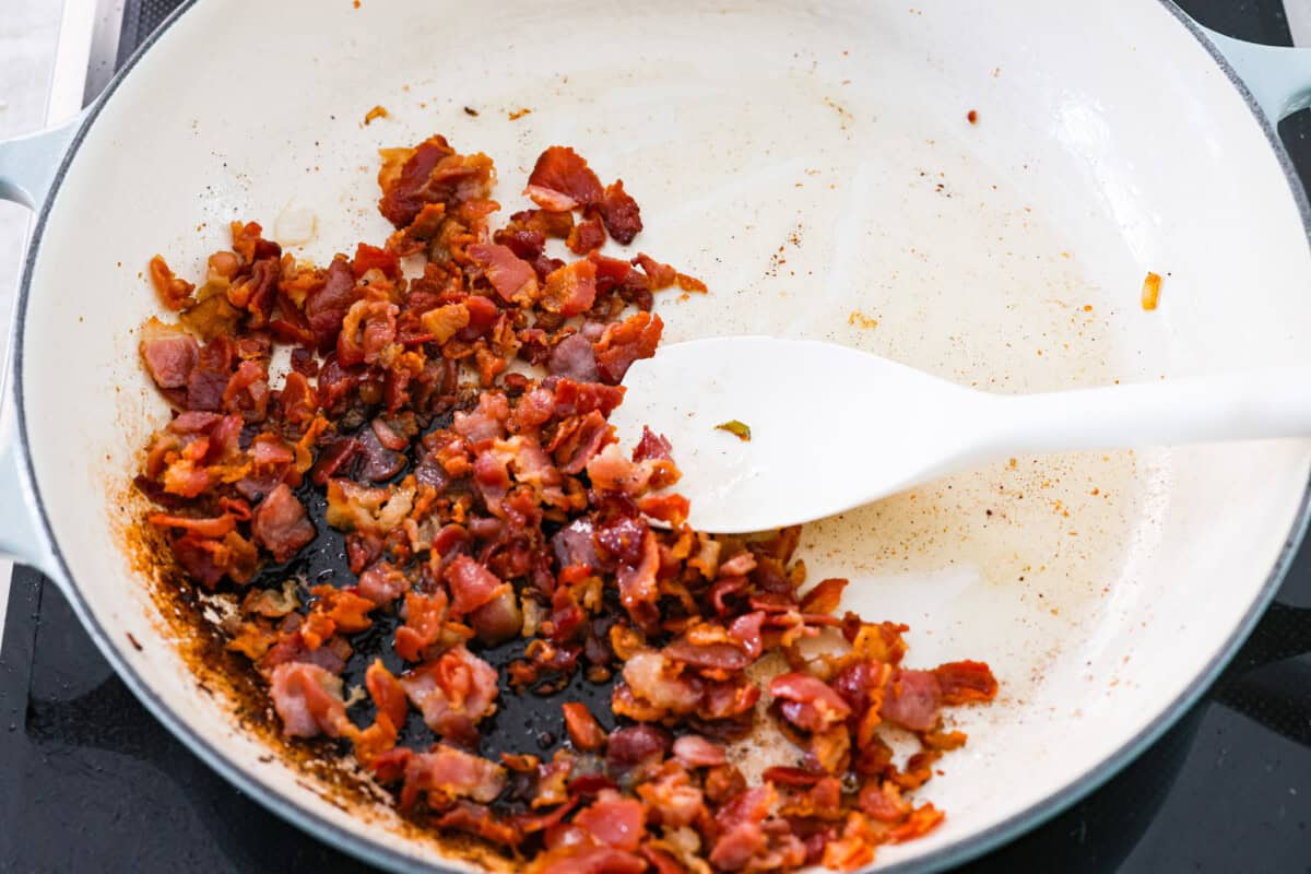 These World's Best Baked Beans will be the last recipe you will ever make! This easy recipe is the perfect side to a potluck and a tried and true family recipe that your family will go crazy over! First photo of the bacon frying.