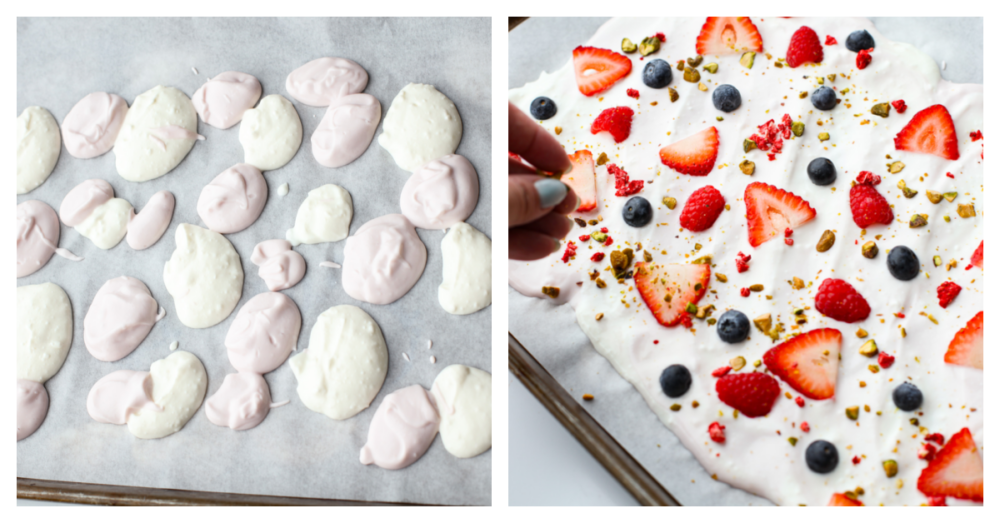 Frozen yogurt bark is SO easy to make and beyond delicious! Load it up with your favorite toppings for a summer treat that’s both tasty and healthy. 2-photo collage of yogurt and toppings being added to a baking sheet lined with parchment paper.