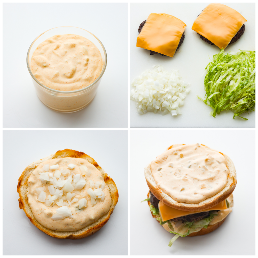 Two juicy all-beef patties, special sauce, lettuce, cheese, pickles, and onions all on sesame seed buns! You'll love recreating this copycat Big Mac burger at home. 4-photo collage of a burger being assembled.