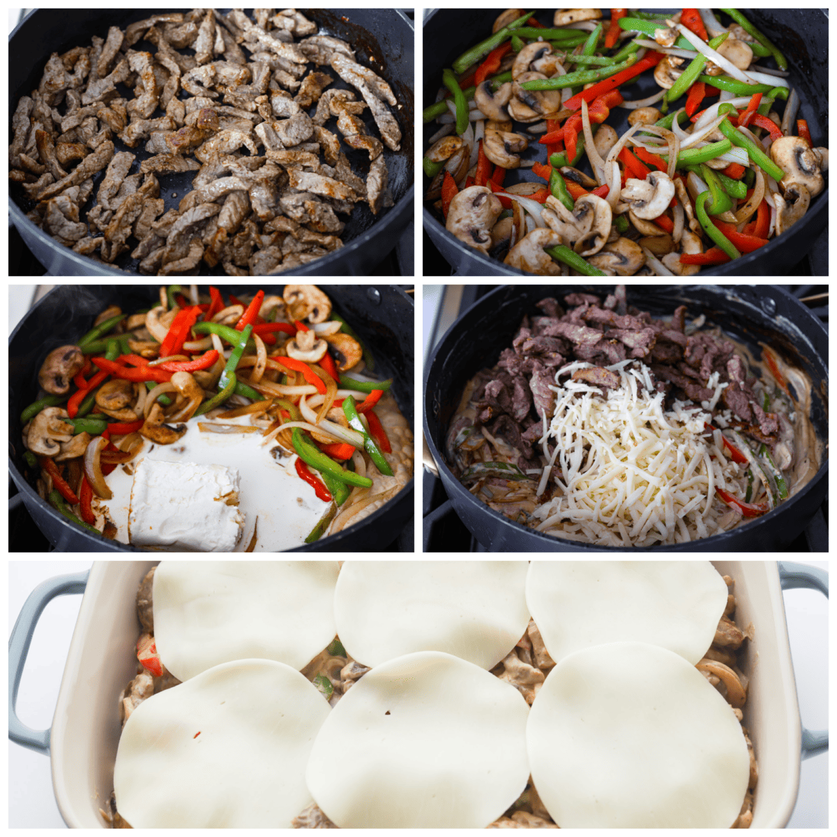 Try this delicious Philly Cheesesteak Casserole, a twist on the classic Philly Cheesesteak. Tender sirloin steak, colorful veggies, and creamy cheese come together for a mouthwatering meal the whole family will love! 5 pictures showing how to cook the meat and veggies in a skillet.