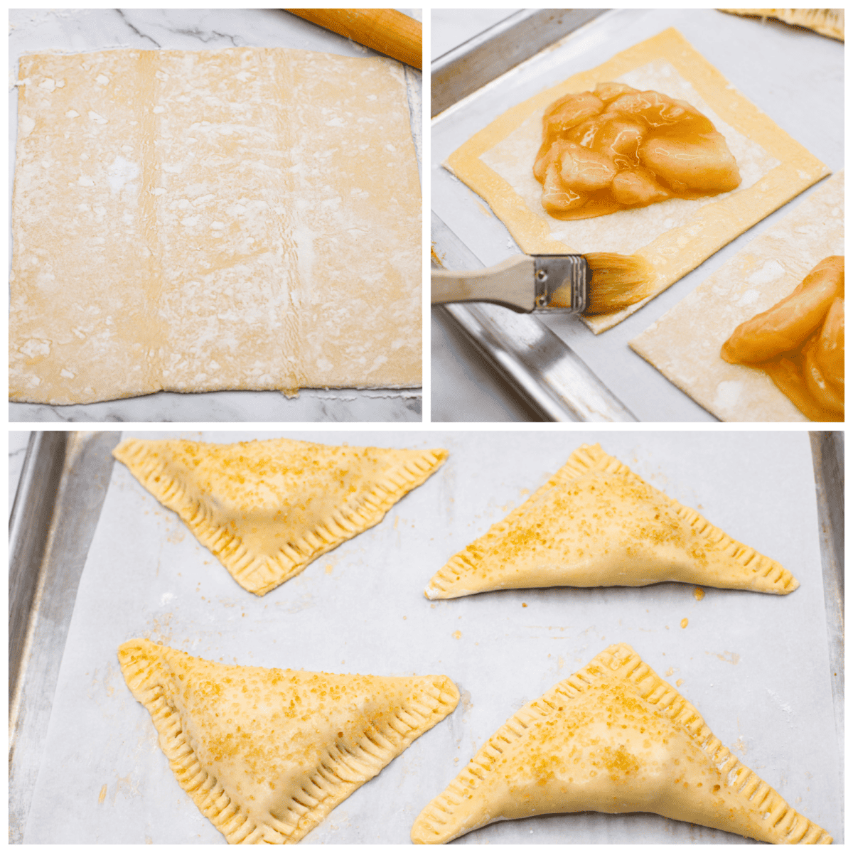 Treat yourself to delicious homemade apple turnovers with this simple recipe. These golden-brown puff pastry triangles are filled with canned apple pie, baked until flaky, and topped with a sweet powdered sugar glaze. 3 pictures showing how to assemble apple turnovers.