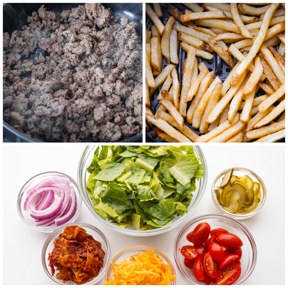 This deconstructed burger bowl is so hearty and satisfying, you'll love every bite! It features crispy fries, tender beef, pickles, and other fresh veggies all coated in homemade Big Mac sauce! 3-photo collage of the burger bowl toppings.