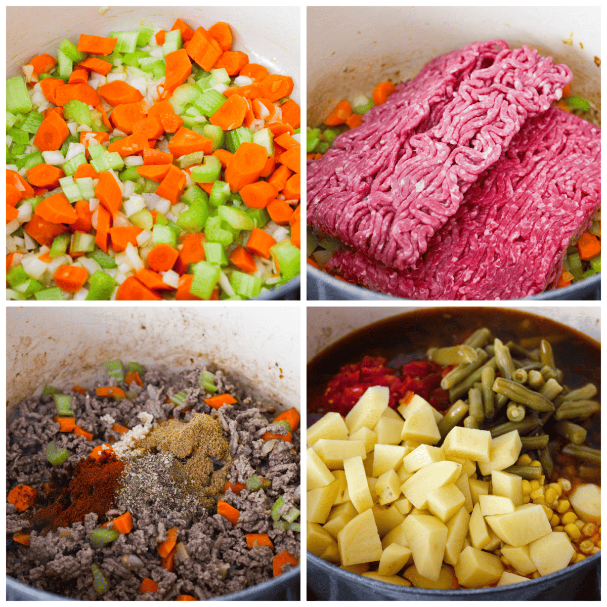 Experience the wild west in a bowl with this Cowboy Hamburger Soup recipe! This comforting blend features seasoned ground beef, veggies, and a touch of Tex-Mex, simmered to perfection in a hearty beef broth. 4 pictures showing how to mix the ingredients in the pot.