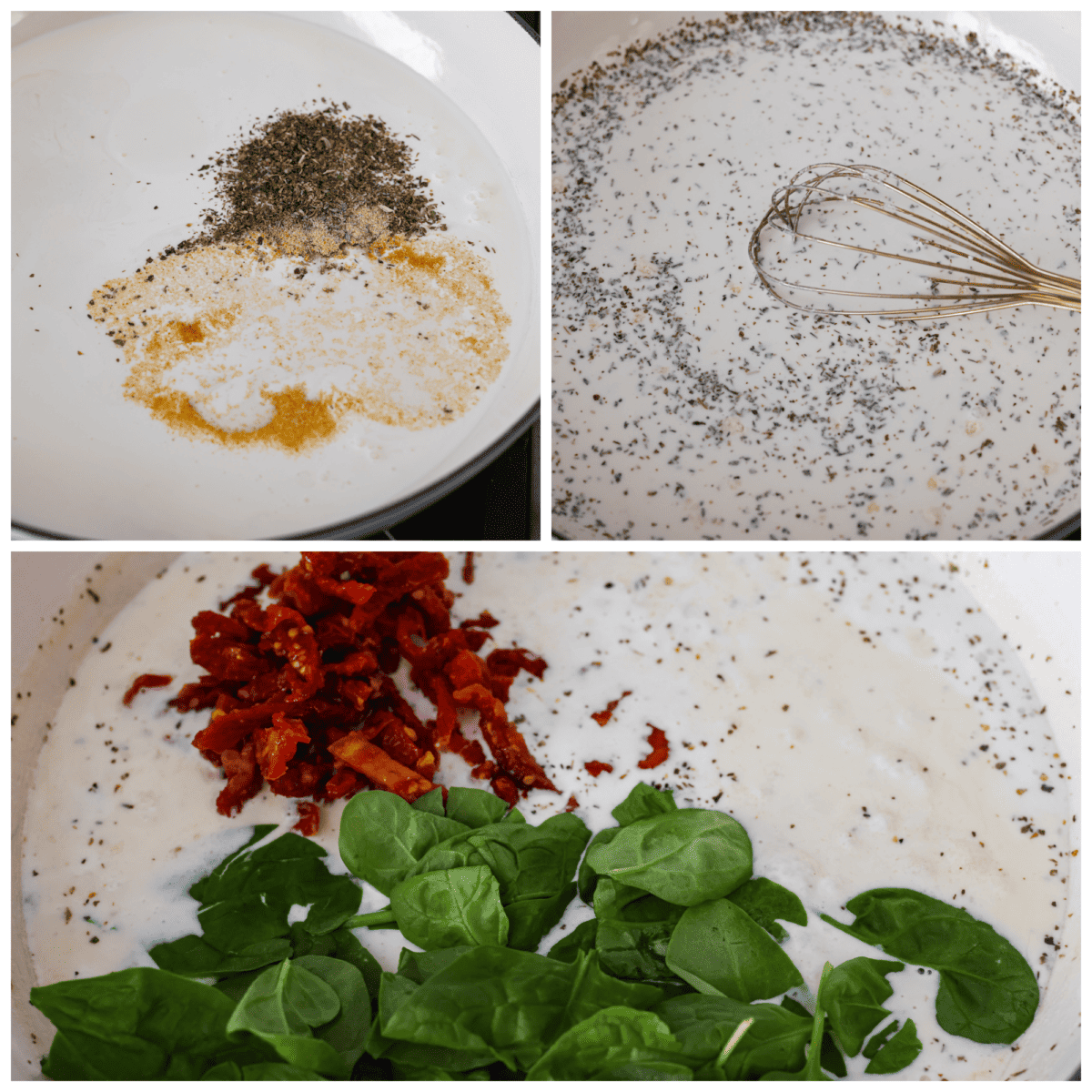 Creamy Tuscan garlic sauce is the secret weapon you didn't know your kitchen needed โ it makes all of your favorite meals unforgettable! It's the most amazing blend of sun-dried tomatoes, cream, garlic, parmesan, and tasty seasonings. Whether it's pasta, meat, or fish, this sauce does it all! 3-photo collage of sauce ingredients being mixed together.