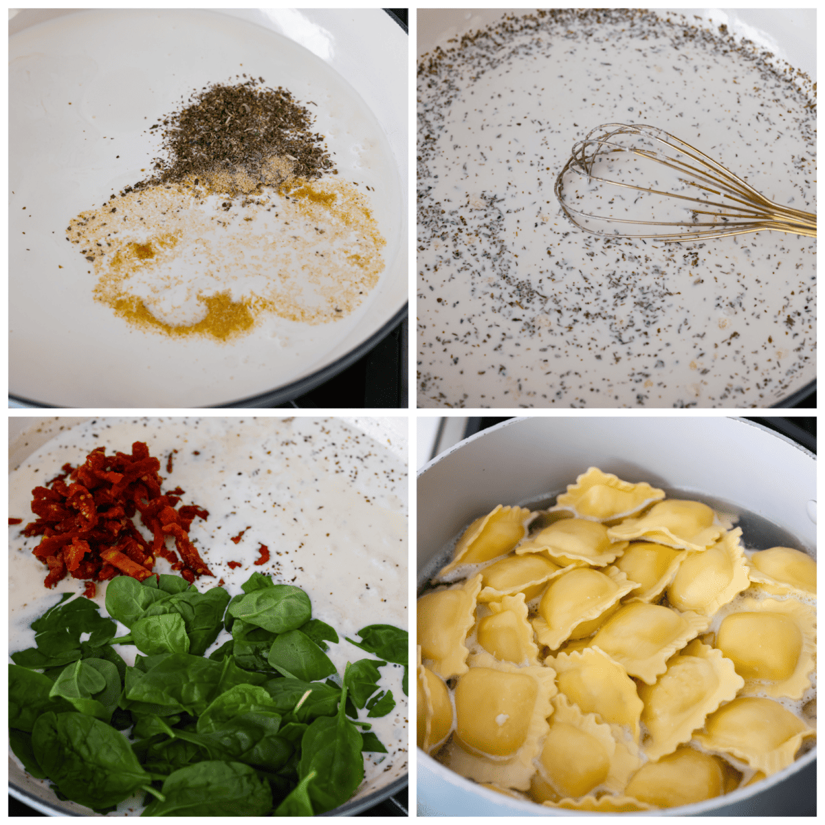Indulge in this creamy Tuscan ravioli made with the most mouthwatering sun-dried tomato sauce! It's one of the best pasta dishes you'll make, and it's ready in less than 30 minutes. The perfect dinner for busy weeknights! 4-photo collage of the sauce being made and the ravioli being cooked.