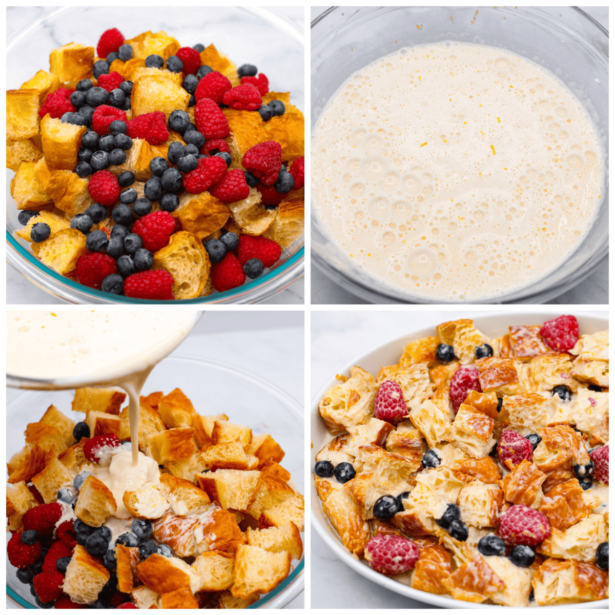 If you love sweet breakfasts, you're in for a treat. This croissant breakfast casserole features tender croissant pieces and fresh berries all coated in a cream cheese custard. As if that's not good enough, everything is topped off with a homemade lemon glaze that's absolutely heavenly. It's love at first bite! 4-photo collage of croissant pieces being coated with a custard mixture and fresh berries.