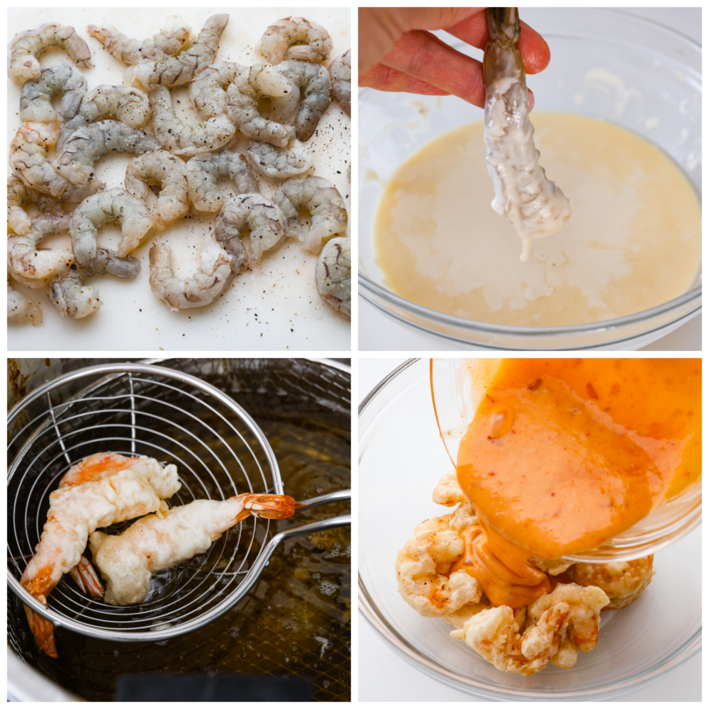 Shake up dinnertime with this dynamite shrimp! Itโs fried to golden-brown, crispy perfection and tossed in a creamy, spicy sauce. Your family will be begging for seconds! 4-photo collage of the shrimp being fried and coated in sauce.