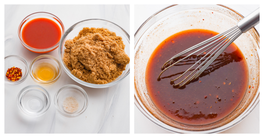 Looking to add a burst of flavor to your favorite dishes? With a perfect blend of heat and sweetness, this Firecracker Sauce will take any recipe to the next level. Whether you are using it as a basting sauce or a delightful dipping sauce, this is perfect for any meal! 2 pictures showing how to whisk all of the ingredients in a bowl.