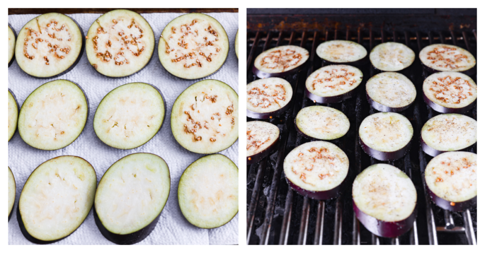 Grilled eggplant has a perfect golden char on the outside and is deliciously seasoned and tender on the inside. Discover how simple and impressive grilled eggplant is when served as a side dish to any meal. First process shot of eggplant slices drying on paper towels. Second photo of eggplant grilling on an outdoor grill.