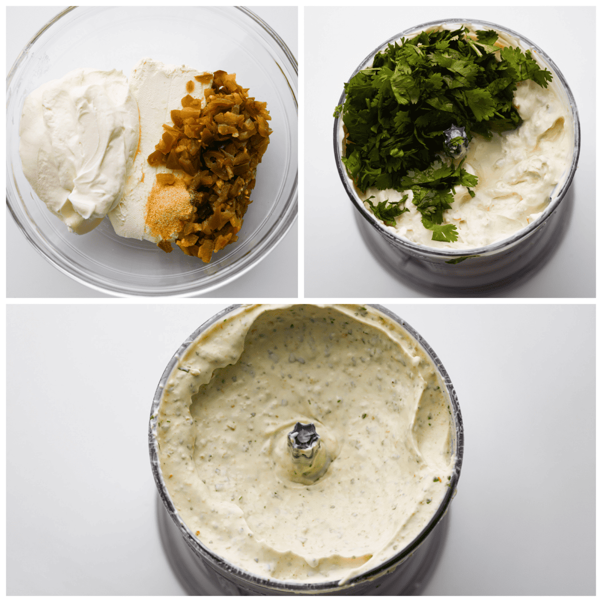This zesty Jalapeño Dip is the ultimate crowd-pleaser! Blending cream cheese, sour cream, and canned pickled jalapenos with seasoning, it delivers a delightful mix of creaminess and heat. 3 pictures showing how to add the ingredients to a food processor and then blending it.