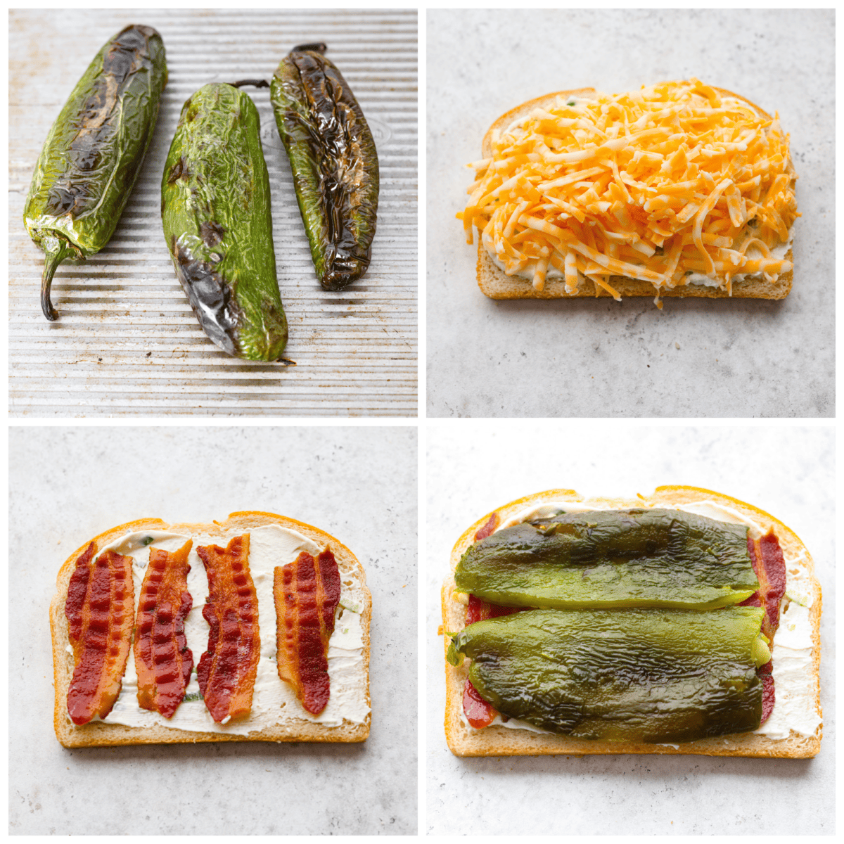 Add some kick to a classic comfort meal with this insanely good jalapeno popper grilled cheese! It's filled with melty colby jack, bacon, spicy jalapeños, and cream cheese to balance the heat and add creaminess. You're going to love it! 4-photo collage of the jalapenos being roasted and the sandwich assembled.