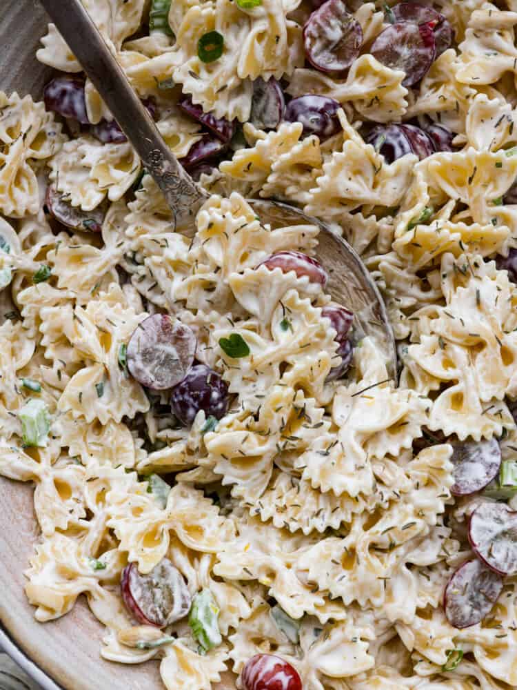 This Lemon Tarragon Pasta Salad combines tender bowtie pasta with crisp celery, juicy red grapes, and slivered almonds all tossed in a creamy lemon yogurt dressing. This refreshing salad complements any dish and is perfect for even the pickiest of eaters! A closeup of lemon tarragon pasta salad with a large silver spoon.