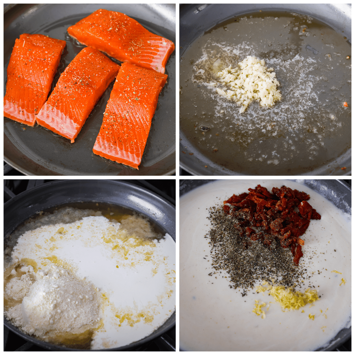 Salmon so good, it will have everyone falling in love! Marry Me Salmon is soft and flaky, smothered in a buttery, creamy sun-dried tomato sauce. Trust me, itโs one of the best dishes youโll ever make! 4-photo collage of salmon being cooked and sauce being prepared.
