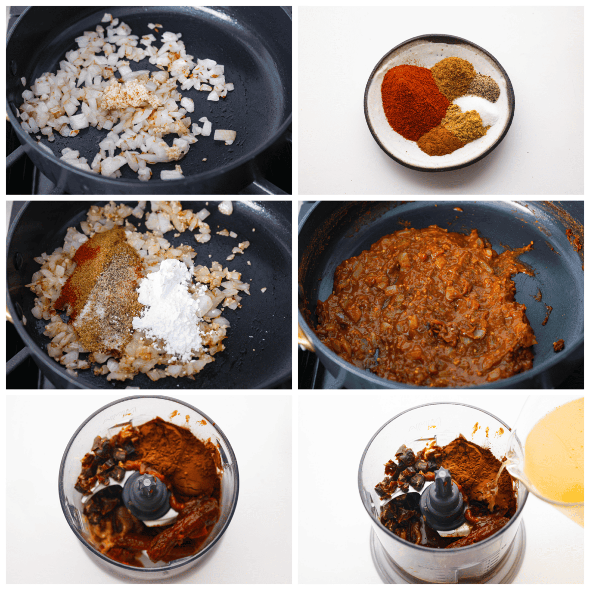 Meet mole, the Mexican sauce that's a tasty blend of spices, from cumin's earthiness to chipotle's kick. What really sets it apart is the touch of cocoa powder added for a little sweet richness. It's the best blend of flavors, you're going to love it! 6-photo collage of vegetables being sauteed and then blended together with the other seasonings and spices.