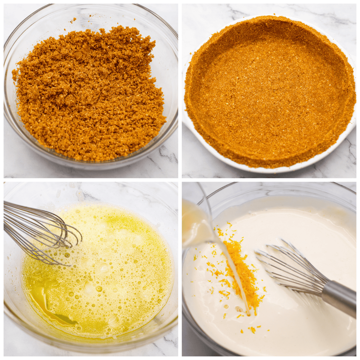 No-bake lemon pie is a light and creamy pie bursting with refreshing lemony flavor. It's sweet and zingy all at the same time! This pie is easy to make and is the perfect spring or summer dessert! First photo of graham cracker crust mixed together in a bowl. Second photo of the crust pressed into a pie dish. Third photo of the jello dissolved in water. Fourth photo of the whipped cream, zest, and lemon juice being mixed into the filling.