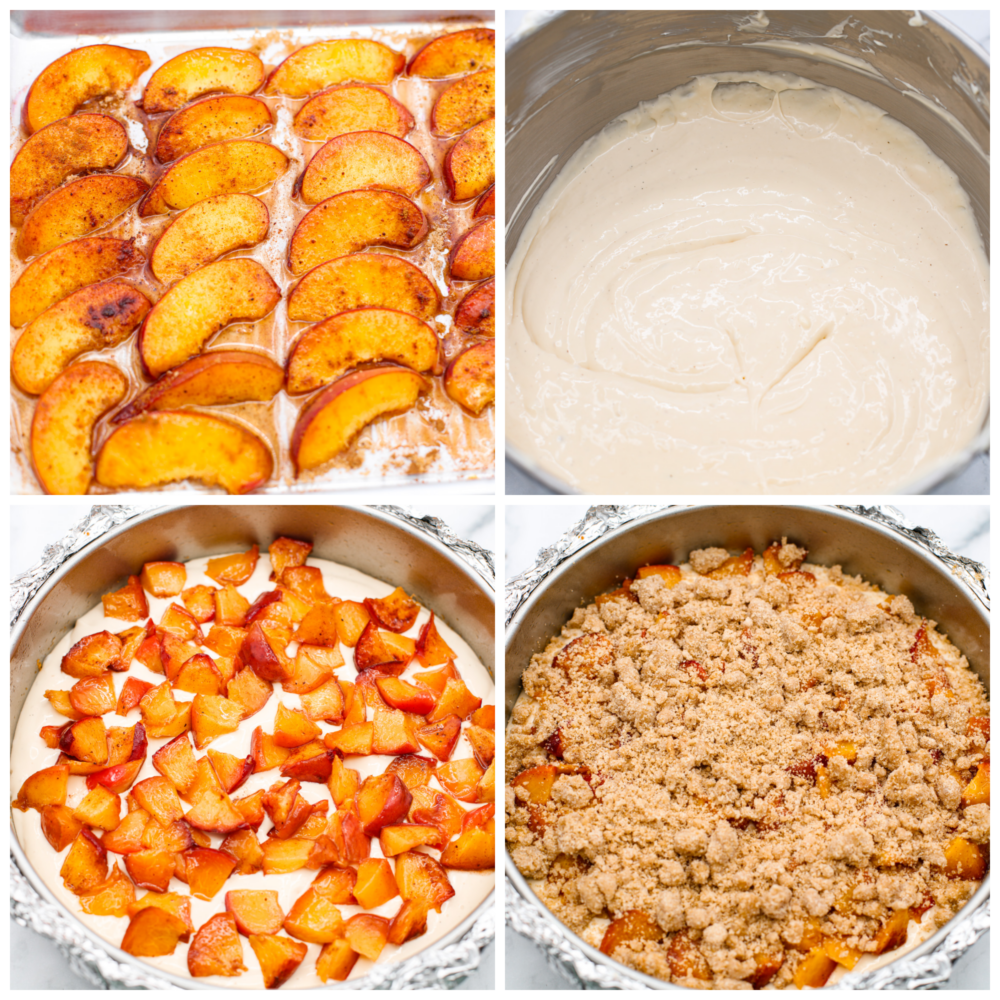 Indulge in a delightful treat with this mouthwatering Peach Cobbler Cheesecake recipe. A delicious combination of creamy cheesecake, caramelized peaches, and a buttery streusel crust, all perfectly balanced to create a dessert that will impress any crowd! 4 photos showing how to make the peaches, the batter and assemble the cheesecake.