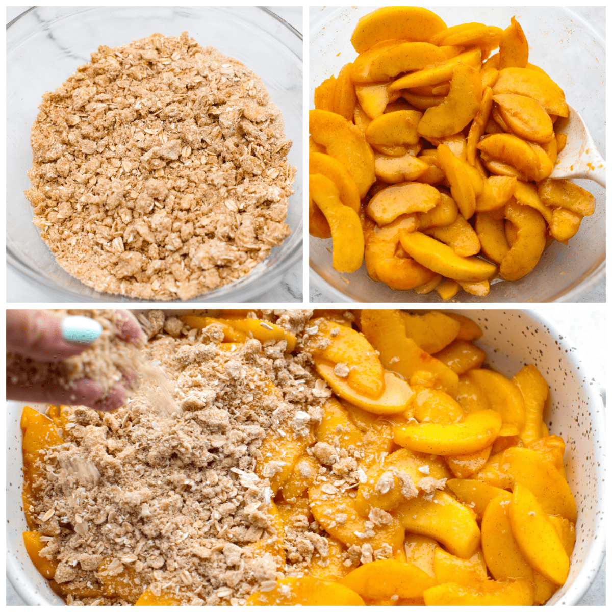 Celebrate summer with a mouthwatering Peach Crisp! Juicy peaches, sweet cinnamon, and a crunchy topping come together for a delightful treat that's perfect when it's served warm with a scoop of vanilla ice cream! 3 pictures showing how to combine the filling with the topping.