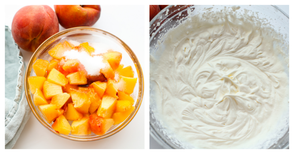 Peaches and cream is a simple and refreshing summertime dessert. Ripe peaches lightly sweetened with sugar and vanilla bean paste, then topped with fresh homemade whipped cream. Every summer we make this classic treat that is bursting with sweet peaches and fluffy cream! First photo of peach slices in a glass bowl with sugar on top. Second photo of whipped cream in a glass bowl.