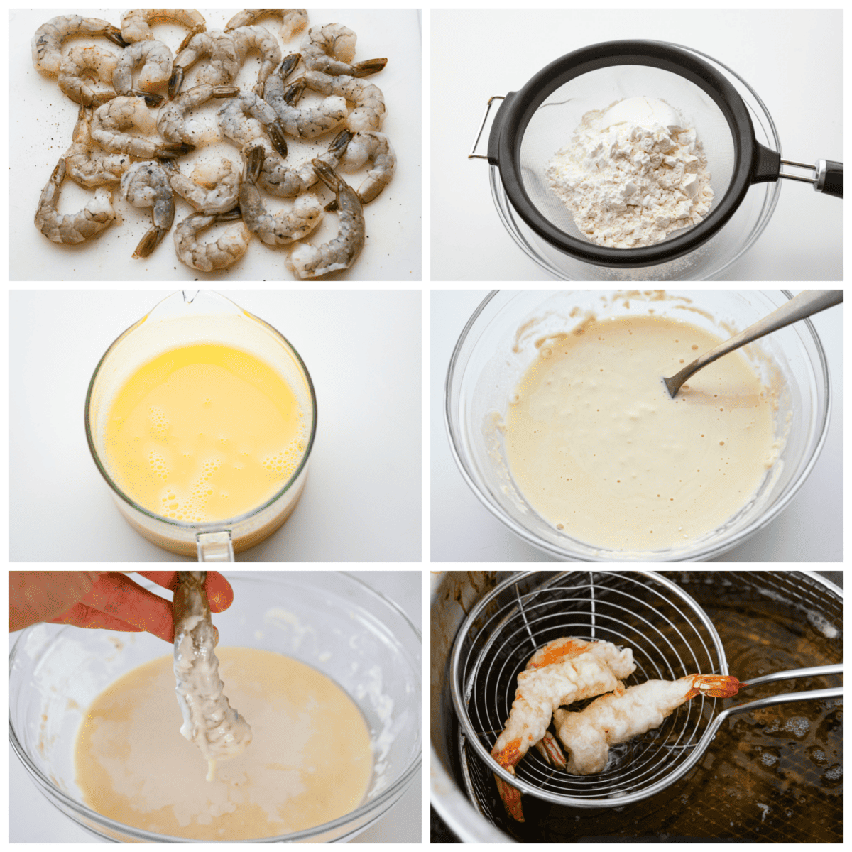 Lightly battered and fried to golden perfection, this shrimp tempura is the perfect dish for any seafood lover! One bite of its crispy goodness and you'll be hooked. 6-photo collage of the shrimp being battered and fried.