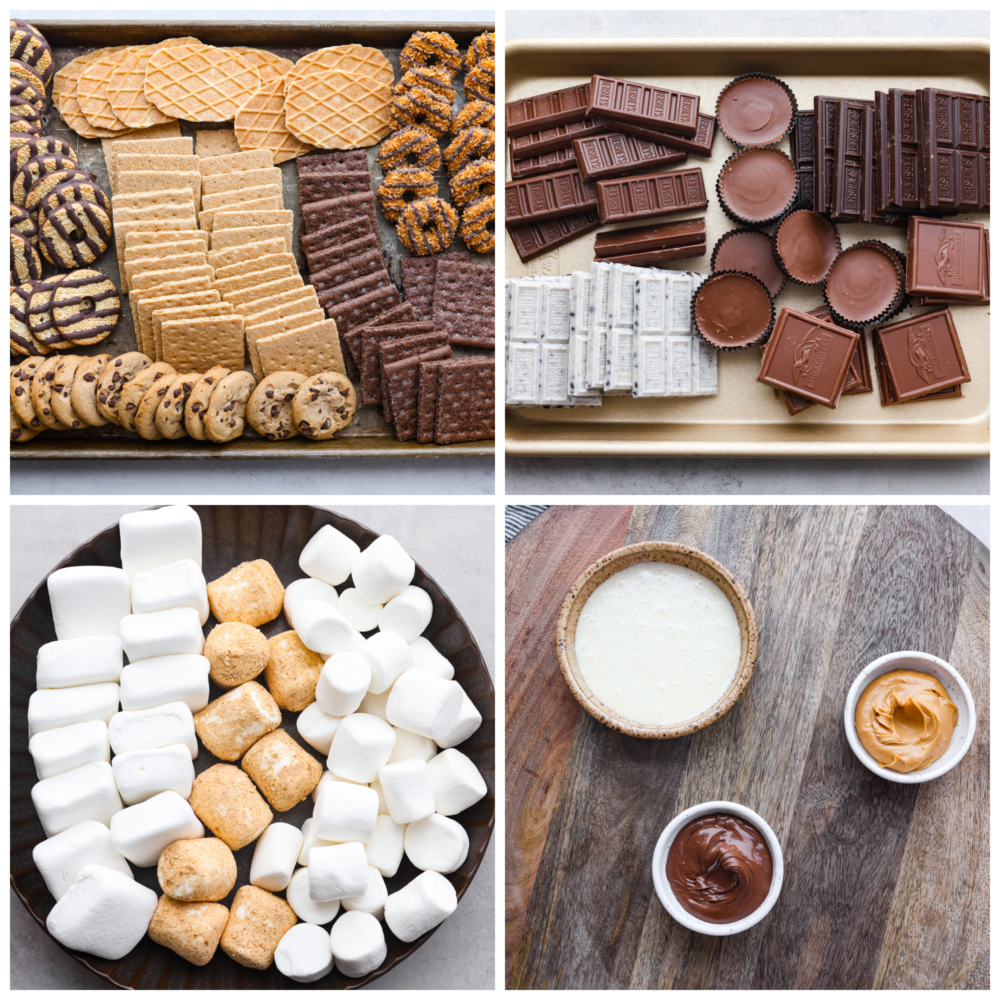 Just in time for summer barbecues and camping trips, this s'mores charcuterie board is here to sweeten things up! It features a mix of different types of chocolate, crackers, marshmallows, and spreads so everyone in your family can create their own perfect sweet treat. All of the different things needed to make the charcuterie board.